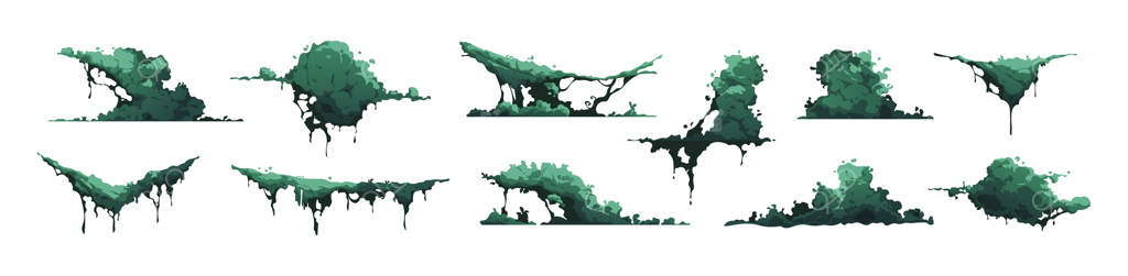 گرافیک بازی لجنزار: خزه، سنگ سبز کارتونی، خزه‌سنگی و قارچ - مجموعه‌ای از گیاهان باتلاقی و گلخانه‌ای در قالب وکتور روی زمینه سفید