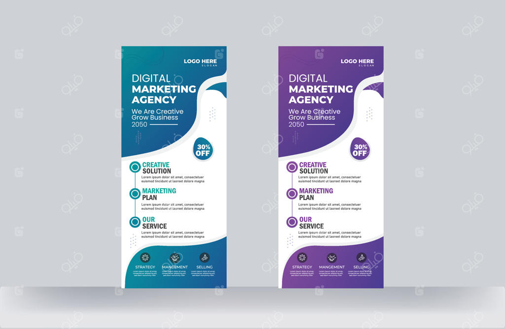 قالب طراحی بنر ایستاده و کارت تبلیغاتی برای بازاریابی کسب و کار