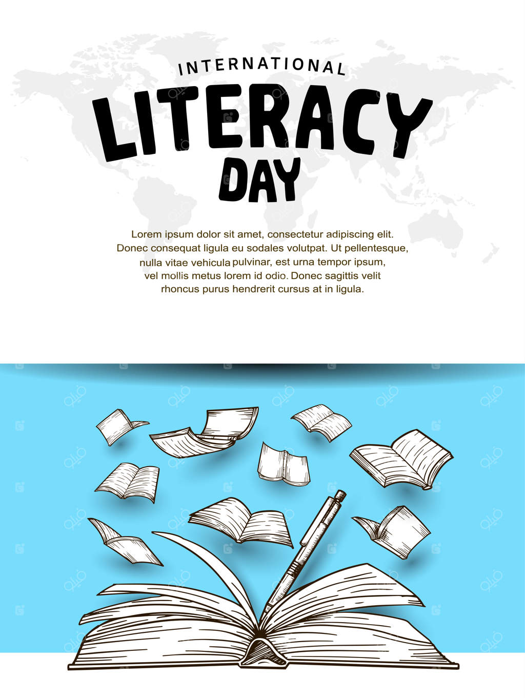 روز جهانی سوادآموزی با کتاب باز، قلم و کتاب‌های پرنده در زمینه آبی