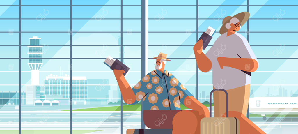 زوج سالمند گردشگر با چمدان، گذرنامه و بلیط آماده برای سوار شدن به هواپیما در فرودگاه