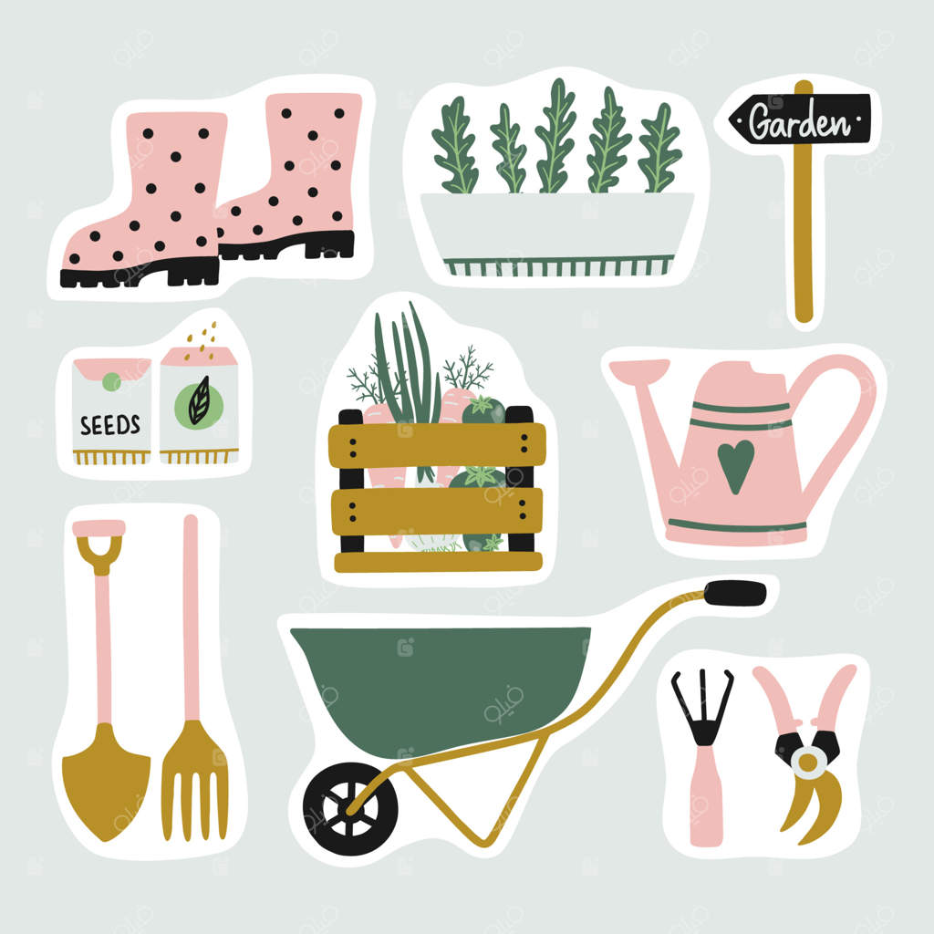 مجموعه‌ای زیبا از استیکر عناصر باغبانی. ابزار و گیاهان باغ. کلیپ‌آرت وکتور.