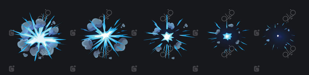 انیمیشن انفجار انرژی کارتونی. توالی اثر انفجار درخشان با ابرهای دود پویا، جرقه‌های رعد و برق و انفجارهای انرژی آبی. تصویرسازی بصری اثرگذاری آینده‌نگر.