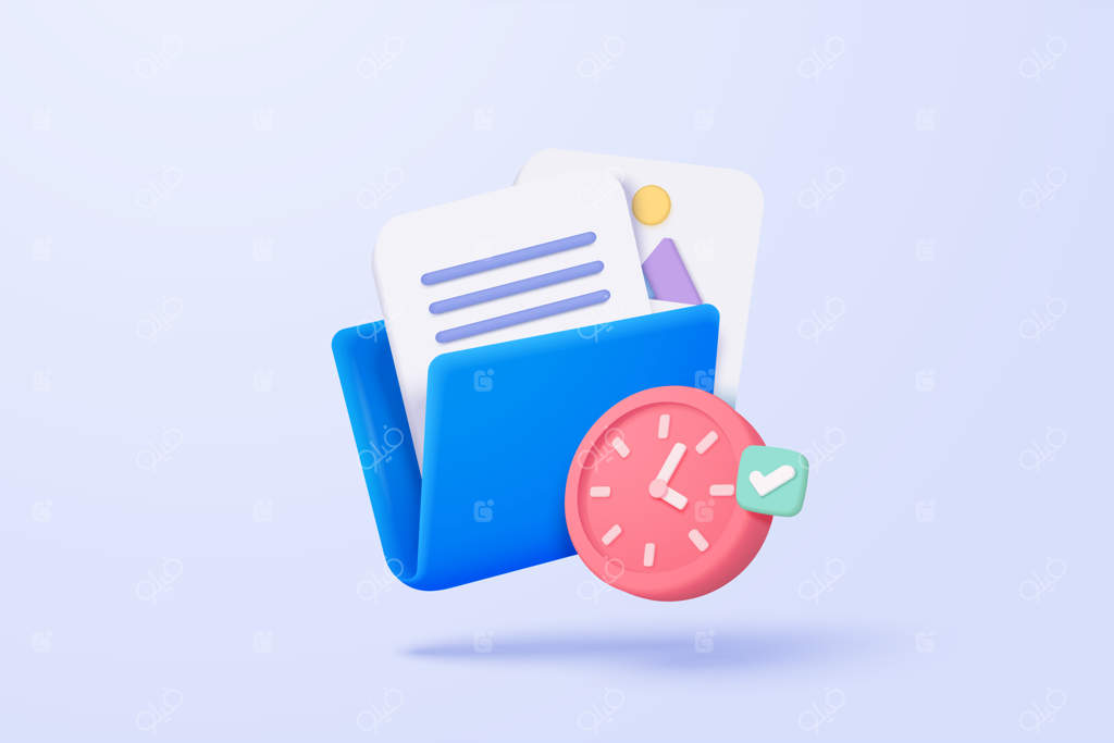 مدیریت پوشه‌ها و اسناد چندرسانه‌ای: پوشه‌های تصاویر و ویدئو با آیکون هشدار زمانی و ساعت یادآوری سه‌بعدی – رندر وکتوری تصویر