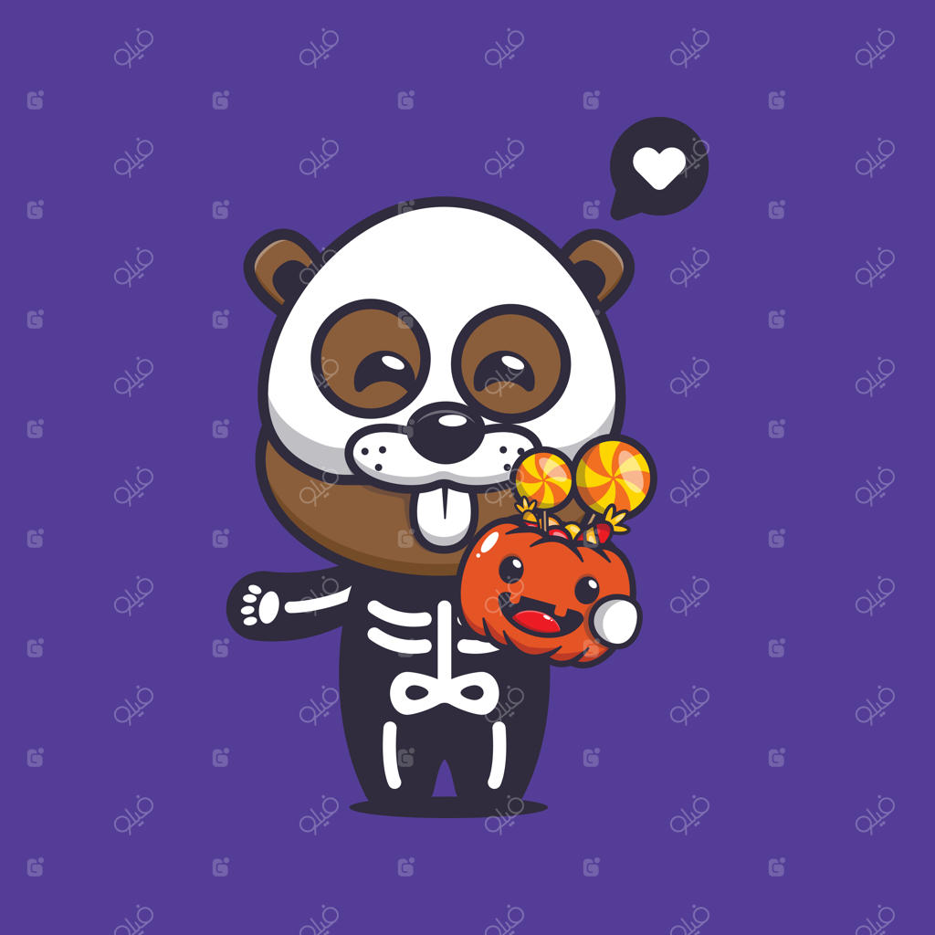 سگ آبی بامزه با لباس اسکلت و کدو تنبل هالووین. تصویر کارتونی جذاب هالووین.