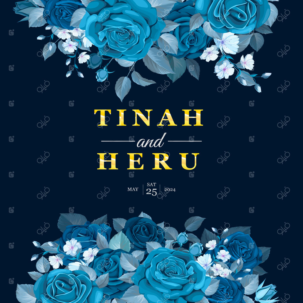 قالب شیک کارت عروسی با گل‌ها و برگ‌های آبی کلاسیک