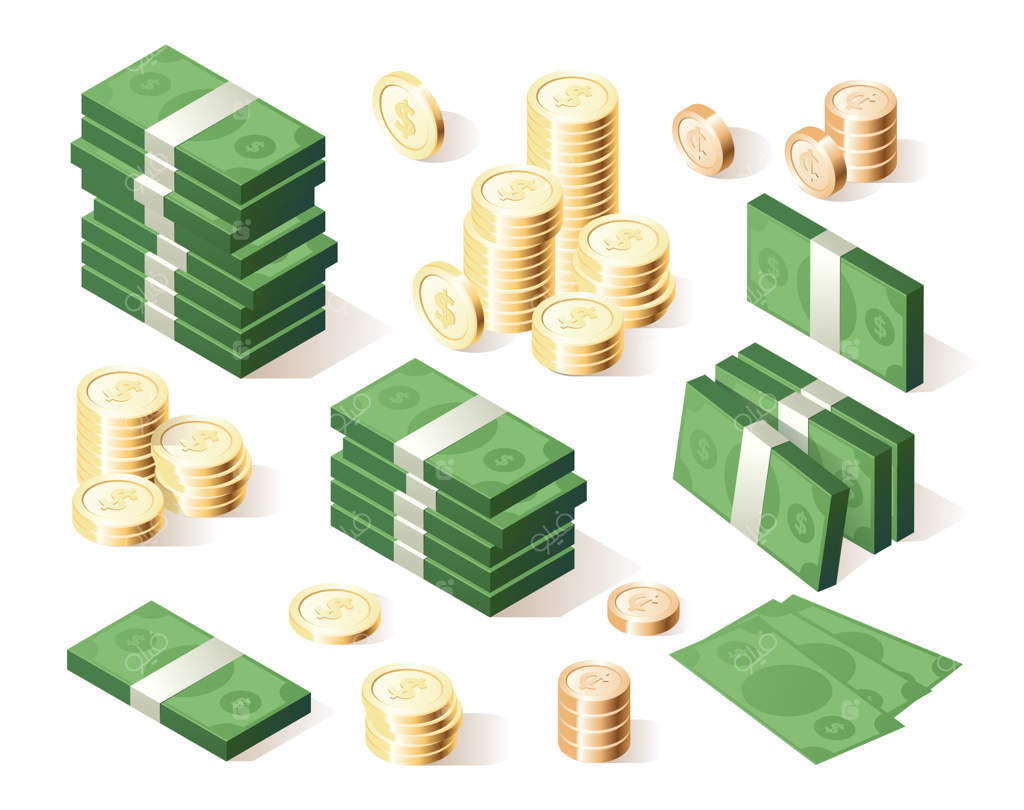 مجموعه‌ای از تصاویر ایزومتریک پول روی پس‌زمینه سفید