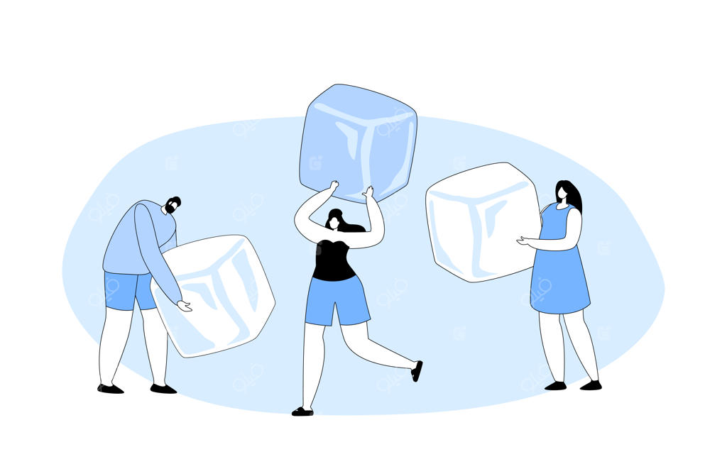 مرد و زن کوچک با تکه‌های بزرگ یخ در دست، مفهوم غذای منجمد