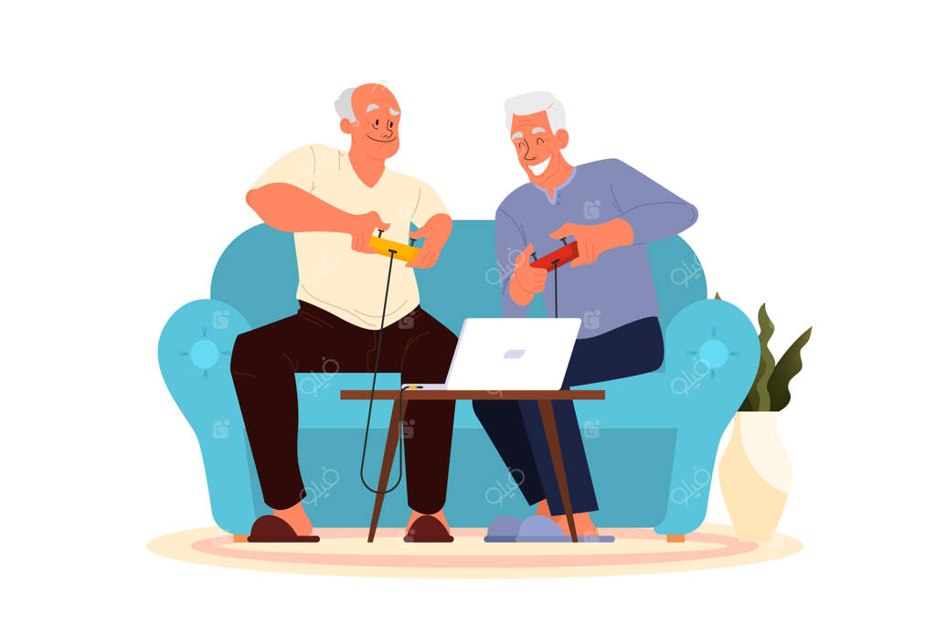 بزرگسالان در حال بازی ویدیویی: سالمندان با کنترلر کنسول مشغول بازی. شخصیت‌های مسن با سبک زندگی مدرن.