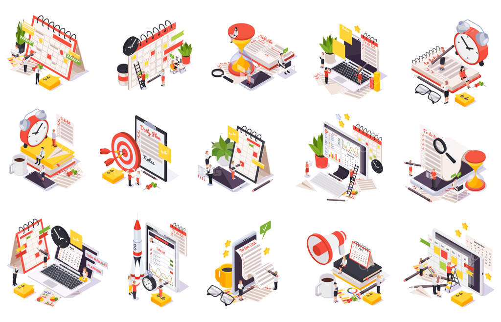 مجموعه آیکون ایزومتریک برنامه‌ریزی مدیریت زمان با رنگ‌های مختلف: لیست کارها و ابزارهای دیگر برای برنامه‌ریزی، همراه با تصویرسازی وکتور