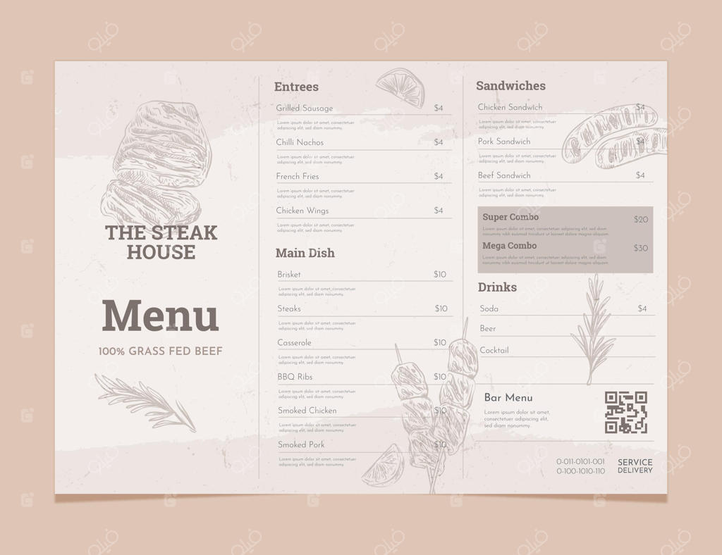 طرح منوی رستوران روستیک با طراحی دستی کنده‌کاری شده