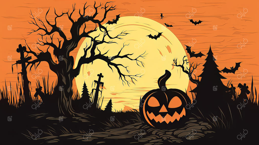 وکتور پوستر هالووین با پس‌زمینه‌کدوحلوایی