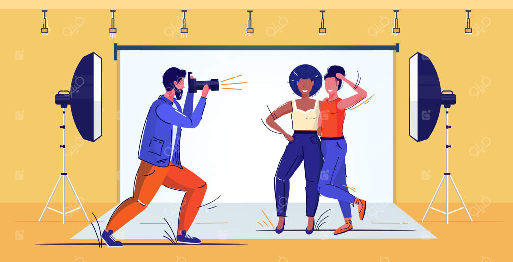 عکاس حرفه‌ای با دوربین DSLR در حال عکاسی از مدل‌های زن زیبا در استودیوی عکاسی مدرن - طرح وکتور در اندازه کامل