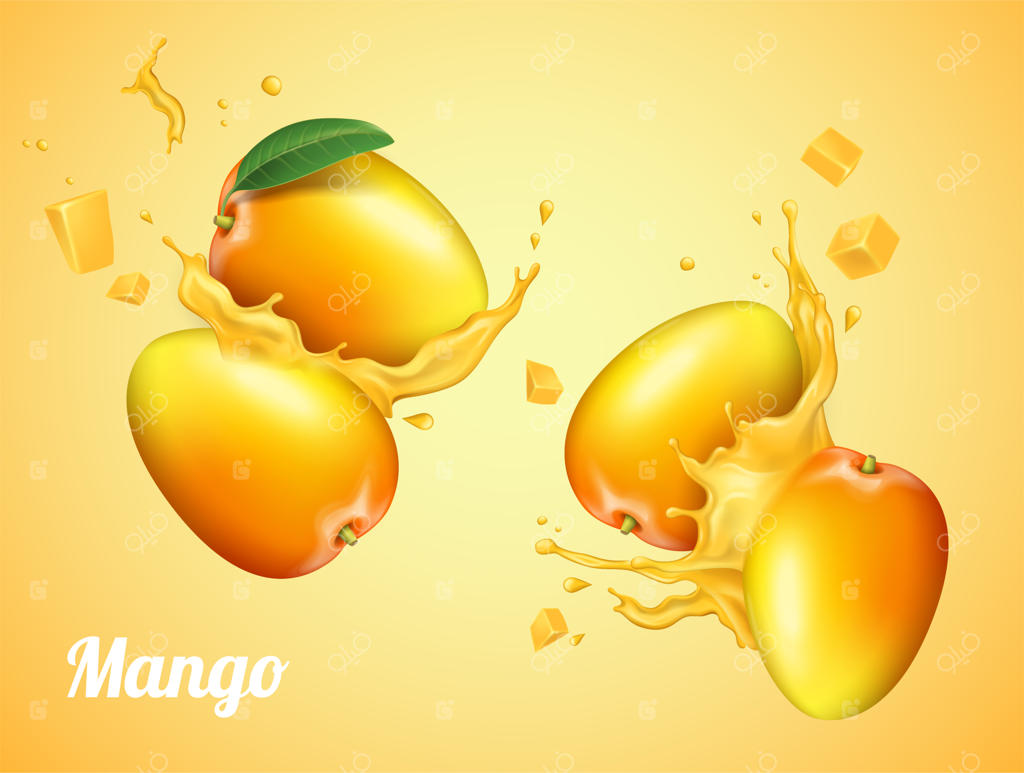 آب انبه با میوه‌های تازه در تصویر سه‌بعدی