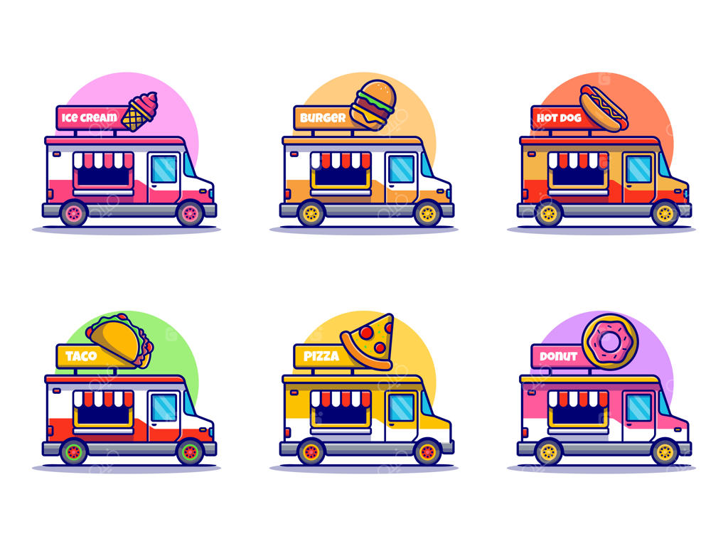 مجموعه نمادهای کارتونی کامیون غذا.