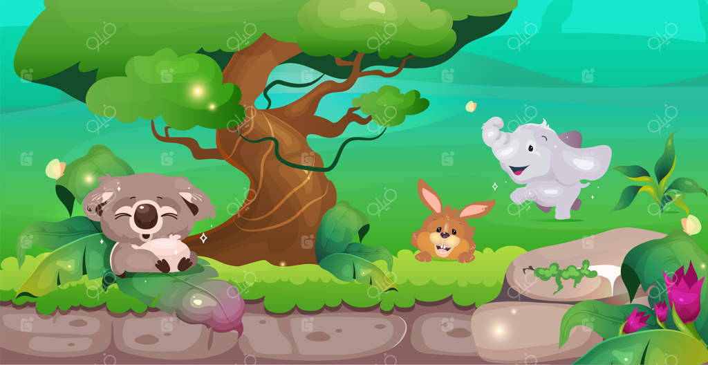 تصویر رنگی از جنگل: کوآلا نزدیک درخت، خرگوش بامزه و فیل در میان سبزه‌ها، پناهگاه حیوانات برای حفظ زندگی وحش، چشم‌انداز کارتونی گرمسیری با پس‌زمینه سرسبز و زیبا