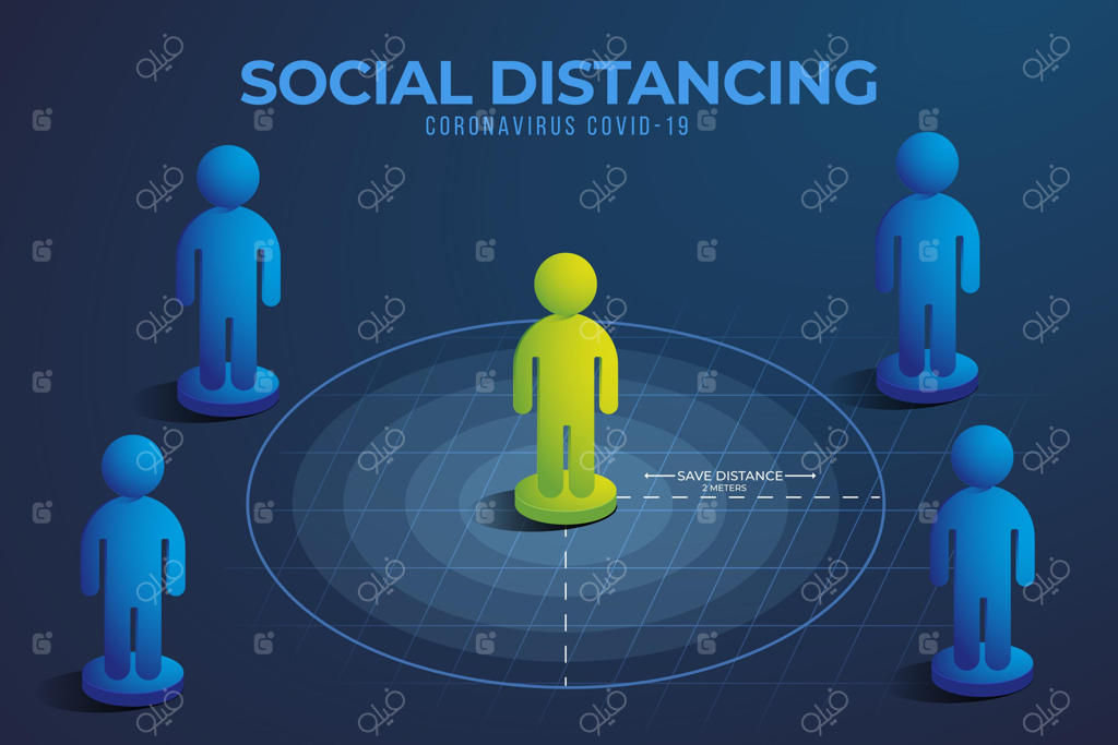 اینفوگرافیک فاصله‌گذاری اجتماعی با کاراکتر سبز مبتلا