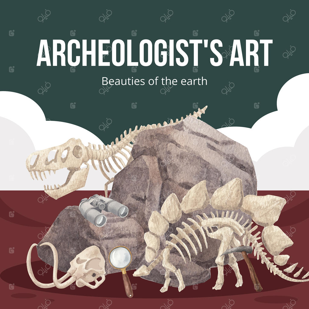 قالب پست اینستاگرام با موضوع باستان‌شناسی فسیل‌ها به سبک آبرنگ