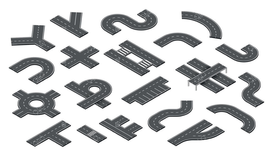 جاده ایزومتریک: بسته ساخت بزرگراه کارتونی سه‌بعدی با مسیرهای حجمی و اجزای پیاده‌رو، مقاطع چرخش و دایره‌ای. مجموعه وکتور مجزا