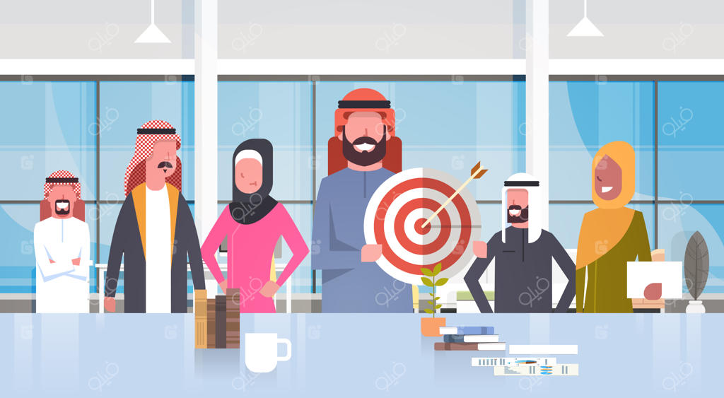 گروهی از بازرگانان عرب در دفتر مدرن: مردی با هدف و نشانه‌گیری در تیم مسلمان با لباس‌های سنتی