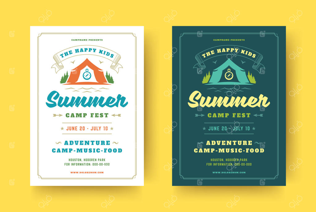 پوستر یا بروشور کمپ تابستانی کودکان با طراحی تایپوگرافی رترو و پس‌زمینه‌ای از جنگل و چادر