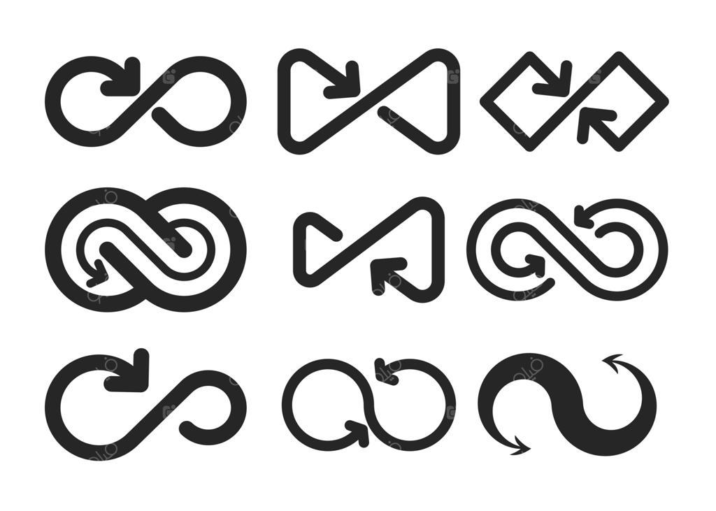 مجموعه آیکون‌های بی‌نهایت و پیکان، نماد بی‌پایانی حرکت و جهت. ایده‌آل برای لوگوها، مفاهیم تجاری، ناوبری و عناصر طراحی. تصویرسازی ساده.