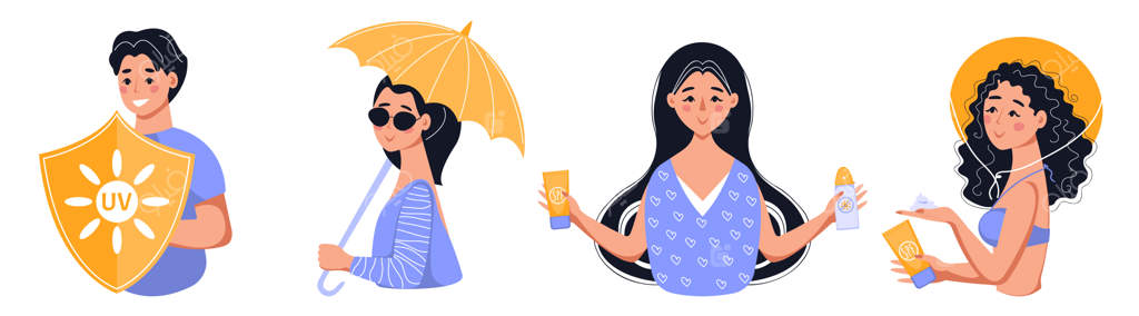 محافظت از پوست در برابر اشعه ماوراء بنفش: استفاده از چتر، کرم ضد آفتاب، عینک آفتابی و کلاه آفتاب‌گیر مجموعه‌ای از وکتورها