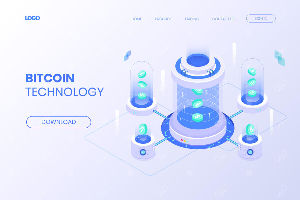 صفحه فرود فناوری بیت‌کوین با طراحی ایزومتریک