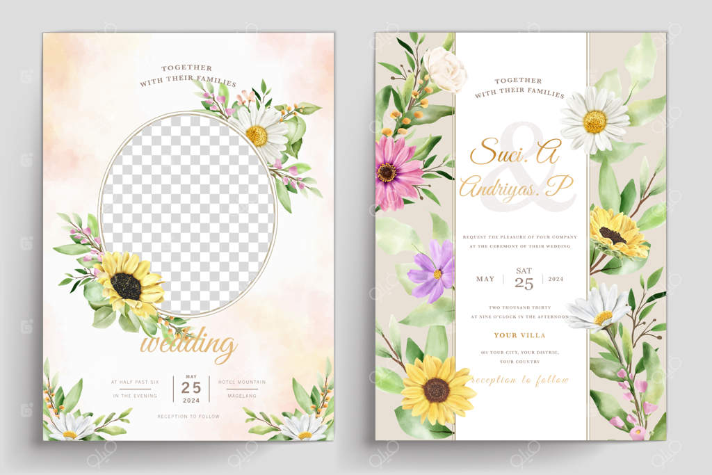 مجموعه کارت دعوت عروسی شیک با طرح گل داوودی و آفتابگردان