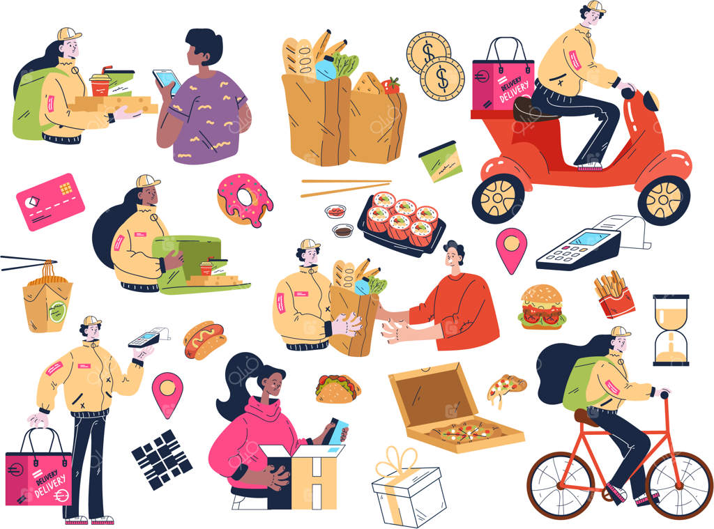 مجموعه عناصر طراحی مدرن وکتور برای تحویل سریع مواد غذایی و خواربار