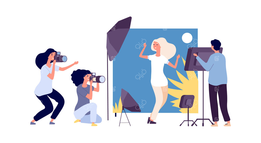 عکاسی حرفه‌ای و ژست گرفتن مدل در استودیو برای مجله یا بنر؛ تصویرسازی وکتور دختر شیک و مدل حرفه‌ای در جلسه عکاسی