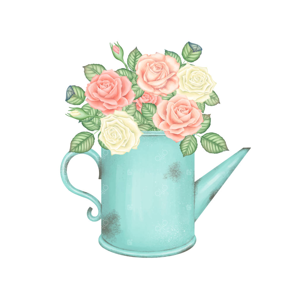 آبپاش سبز قدیمی با دسته‌گلی از رزهای صورتی و سفید