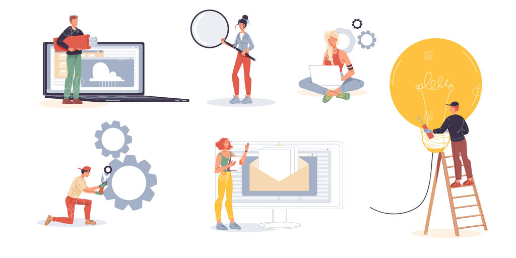 مجموعة‌ای از شخصیت‌های کارتونی: کارمندان دفتر، کارکنان پرمشغله، فریلنسرها در حال کار و انجام فعالیت‌های مختلف در خانه یا محیط کاری.