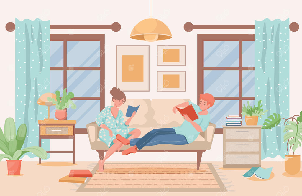 زوجی در لباس راحتی روی مبل دراز کشیده‌ و کتاب می‌خوانند - طراحی داخلی مدرن.