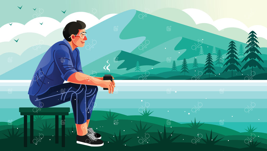 مردی که کنار دریاچه قهوه می‌نوشد