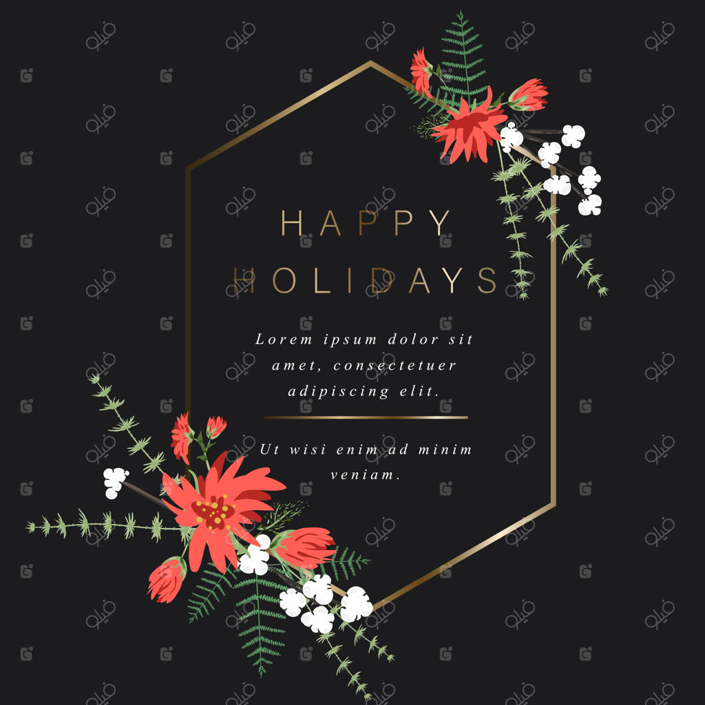 قالب شش‌ضلعی طلایی برای تزئین متن با گل‌ها، توت‌ها، برگ‌ها و گیاهان دیگر، قاب درخشان برای کارت هدیه و تبریک‌های دیگر در تعطیلات، بر روی زمینه سیاه قرار گرفته است.