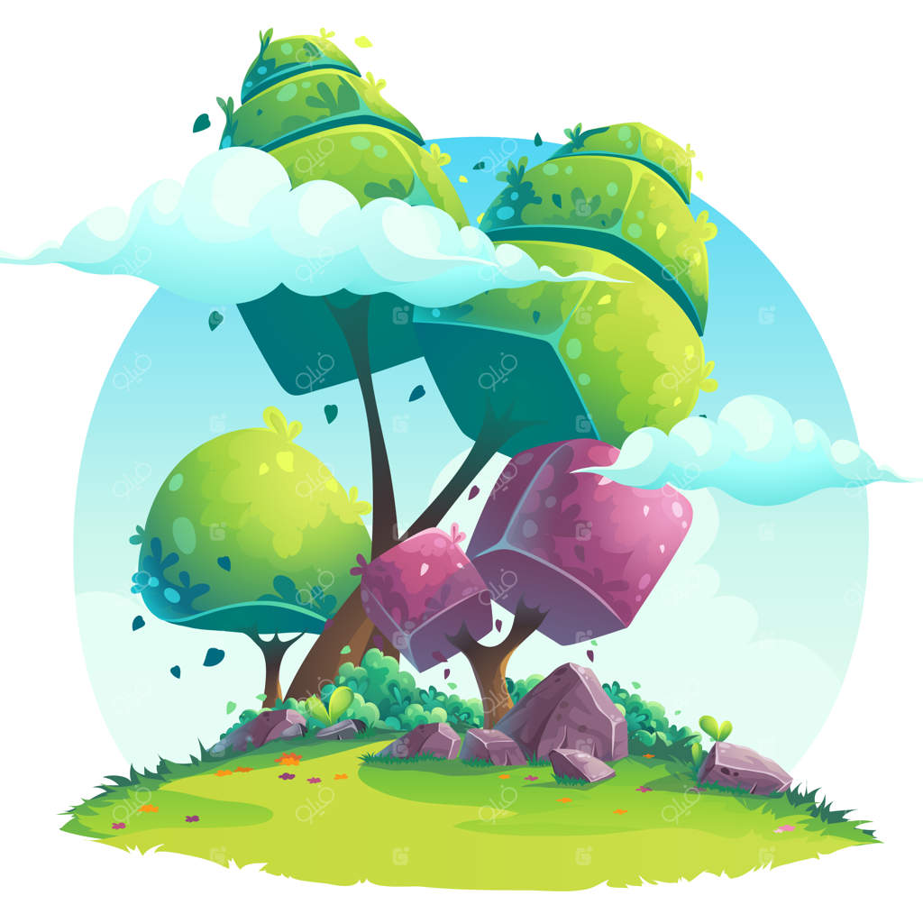 تصویری از درختان انتزاعی در زیر ابرها بر روی چمن با سنگ‌ها