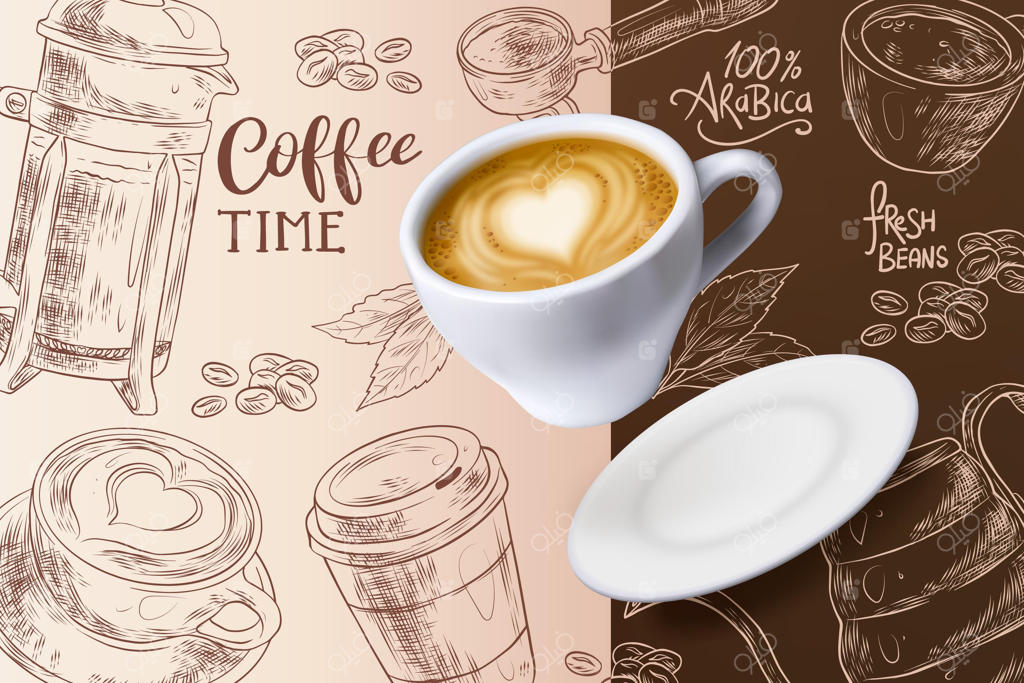 پس‌زمینه زمان قهوه با فنجان و بشقاب