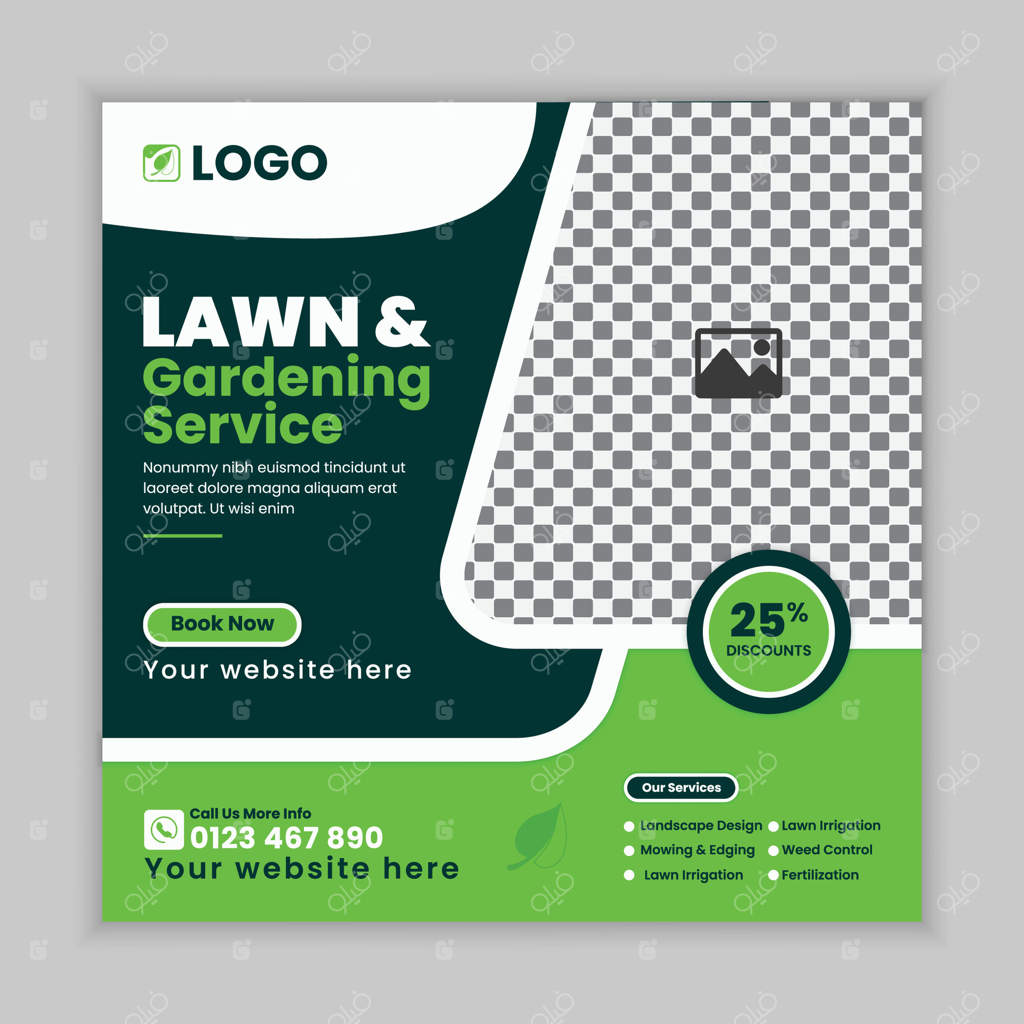 طراحی قالب پست شبکه‌های اجتماعی برای نگهداری خلاقانه از باغ و چمن، بنر وب برای خدمات باغبانی با ماشین چمن‌زن، مفهوم طراحی پوستر آنلاین برای کشاورزی و زراعت