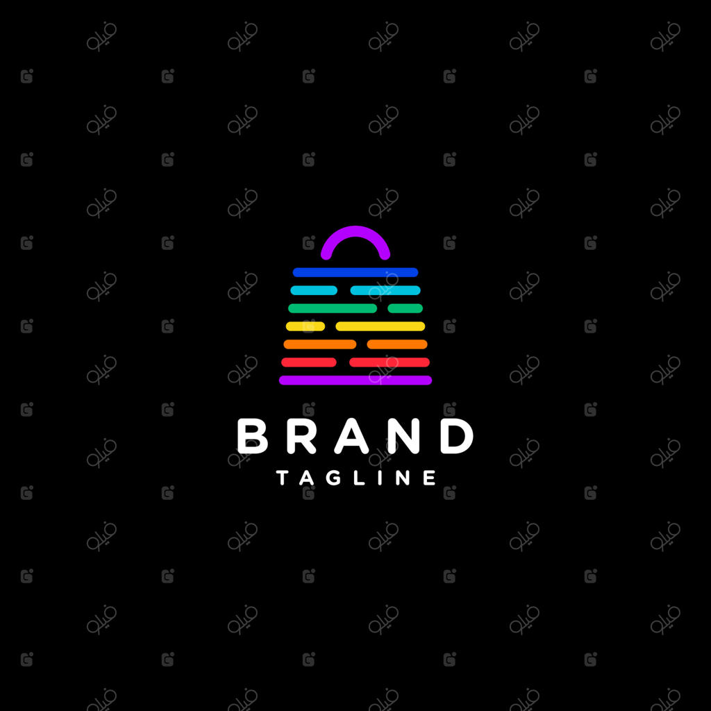 طراحی لوگوی ساک خرید با نوارهای رنگی. فناوری فروش یا بازاری که به مشتریان کمک می‌کند تا نیازهای روزانه خود را به سرعت پیدا کنند.