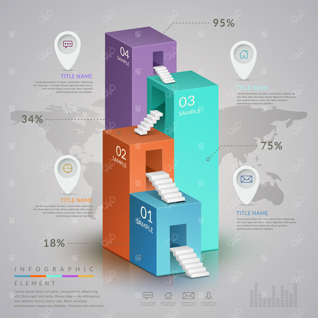 طراحی قالب اینفوگرافیک ساده با نمودار سه‌بعدی ایزومتریک نوارهای برجسته