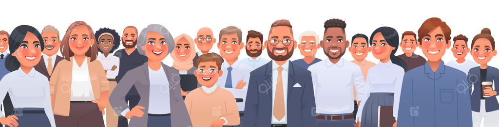 گروه متنوعی از افراد چند نژادی و چند فرهنگی: مردان و زنان با سنین و نژادهای مختلف در میان جمعیتی از چهره‌های خندان