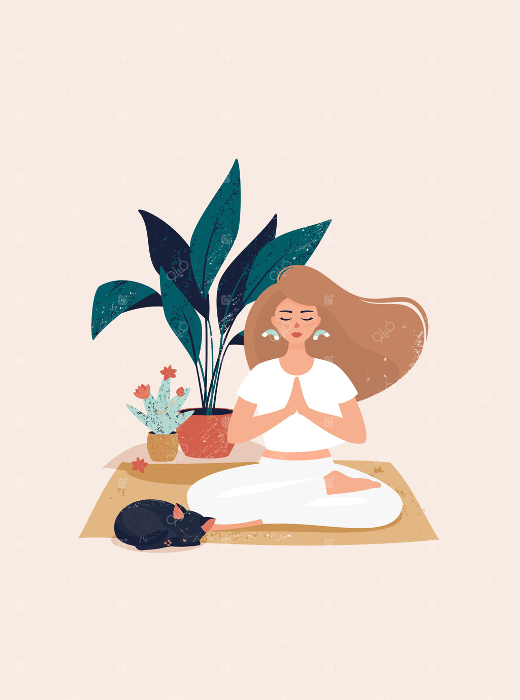 زن بلوند در حالت لوتوس روی فرش کنار گیاهان گلدانی نشسته است