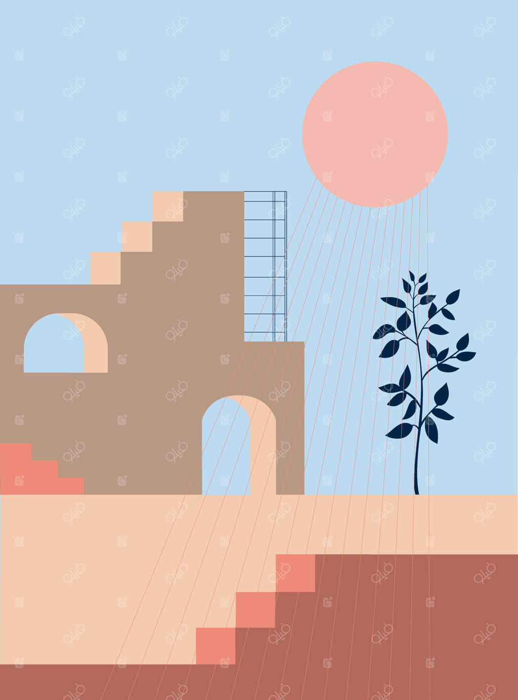 اشکال هندسی معماری انتزاعی: پله، قوس و عناصر گیاهی به سبک مینیمالیستی