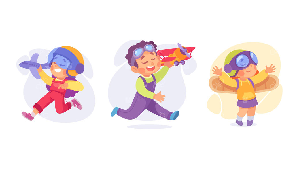 کودکان شاد در حال بازی با هواپیما و لباس‌های رنگارنگ