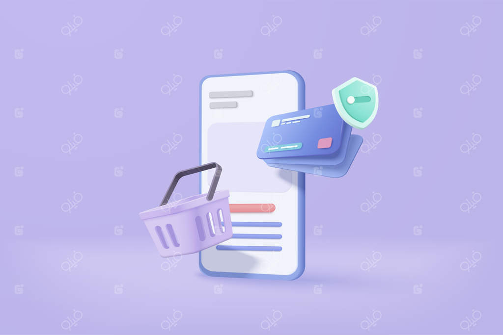 خرید آنلاین سه‌بعدی با گوشی همراه: ارسال و بسته‌بندی محصولات، کیف خرید و حفاظت از کارت اعتباری برای پرداخت امن آنلاین (شمایل گوشی همراه به‌صورت تصویر سه‌بعدی)