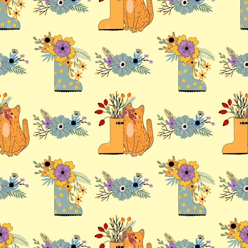 الگوی یکپارچه با گربه‌ها، کدو تنبل‌ها، هالووین، گل‌ها و برگ‌های پاییزی.