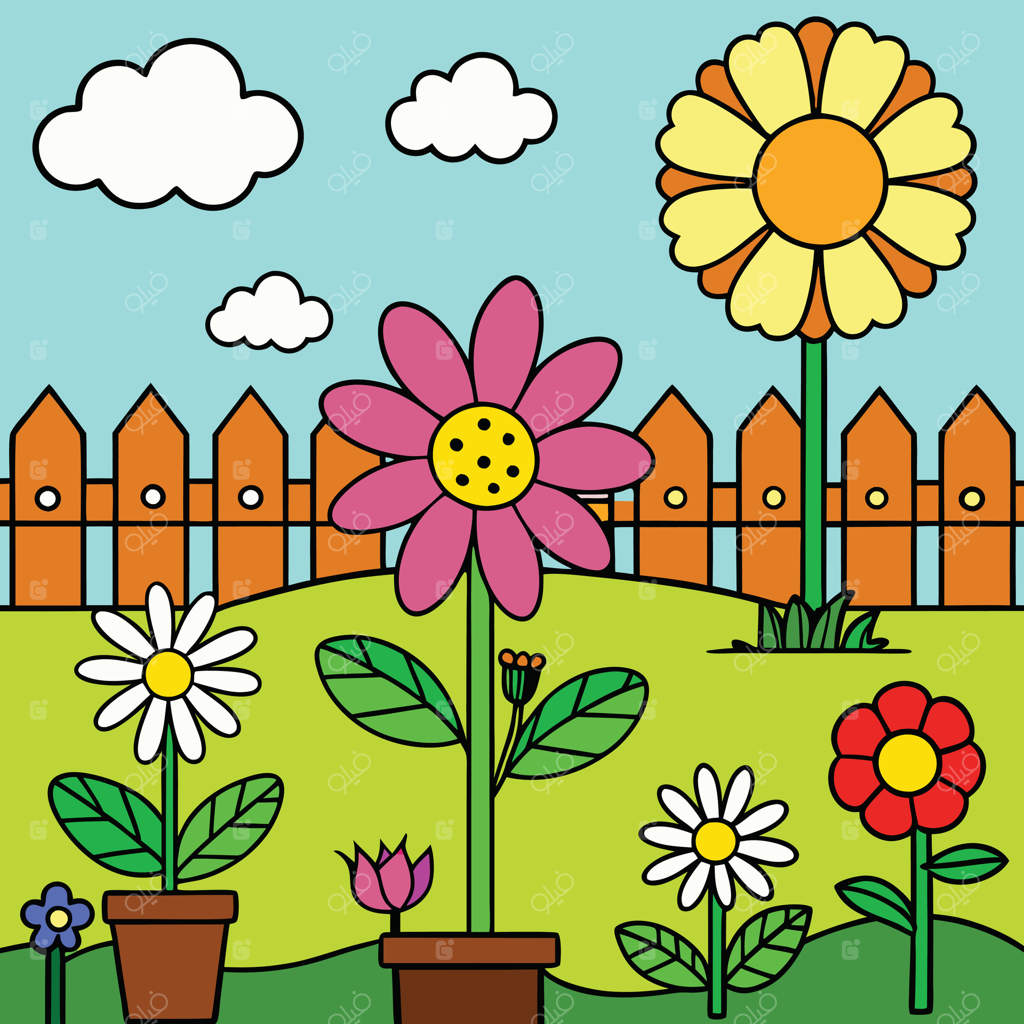 باغ کارتونی با گل‌ها و حصار.