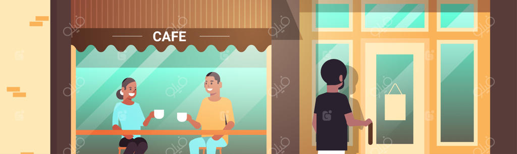 آفریقایی‌-آمریکایی‌ها در حال استراحت با نوشیدن قهوه در کافه مدرن خیابانی