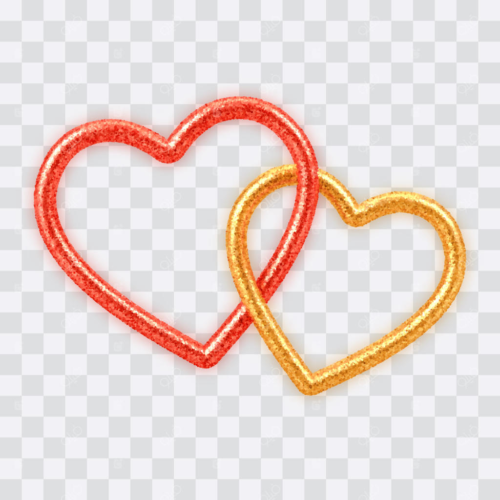 قلب‌های واقع‌گرای سه‌بعدی به رنگ طلایی و قرمز با بافت براق و شفافیت زمینه.