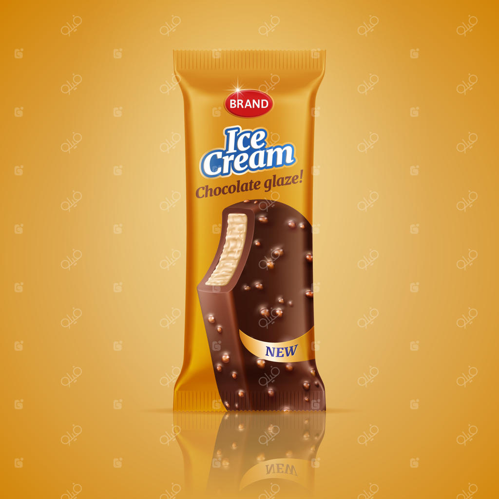 طراحی بسته‌بندی بستنی چوبی در پس‌زمینه نارنجی